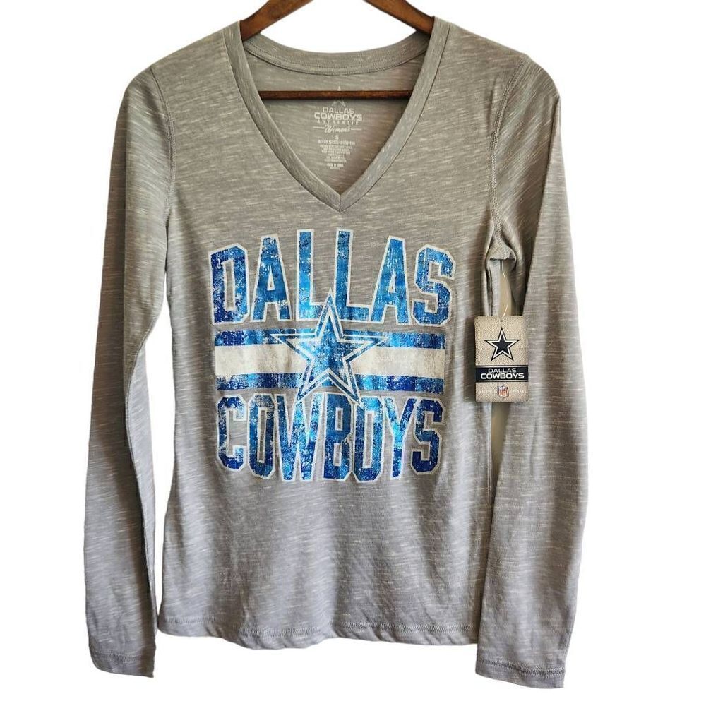 Dallas Cowboys T Shirt Womens Small‎ NFL Football Long Sleeve Metallic Gray Blue